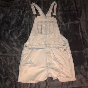 AE Distressed Light Denim Shorts Overalls
